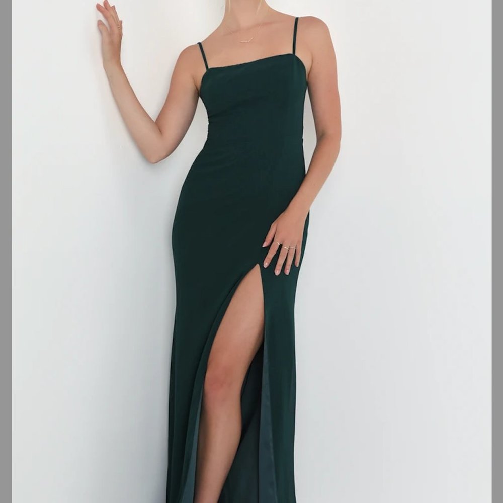 Lulus Feeling Elegant Emerald Green Lace-Up Slit Maxi Dress - NWT